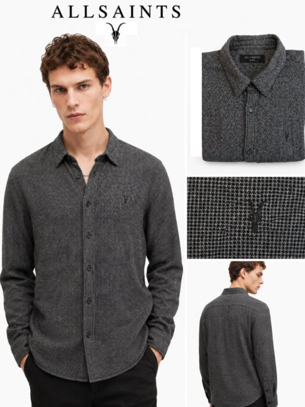 AllSaints Blackshear Houndstooth Button-Down Shirt M Black White Cotton